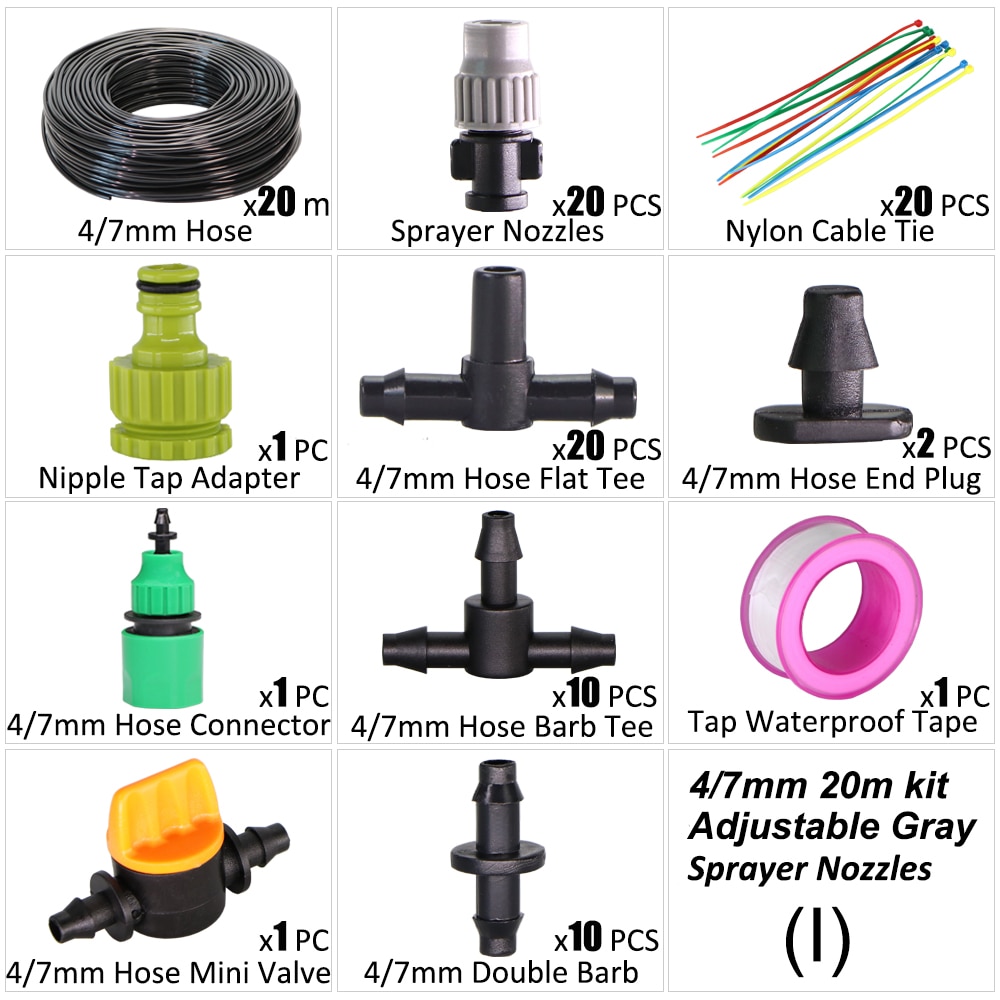 20m Garden Shower Drip Irrigation Sprayer System With Adjustable Watering Nozzle Sprinkler Mist Cooling Automatic Irrigation Kit: I