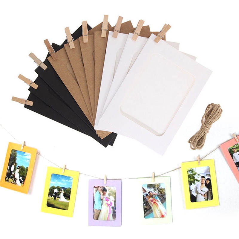 10Pcs Combinatie Papier Frame Met Clips Diy Kraftpapier Fotolijst Opknoping Muur Foto Album 5 Inch Touw Thuis decoratie