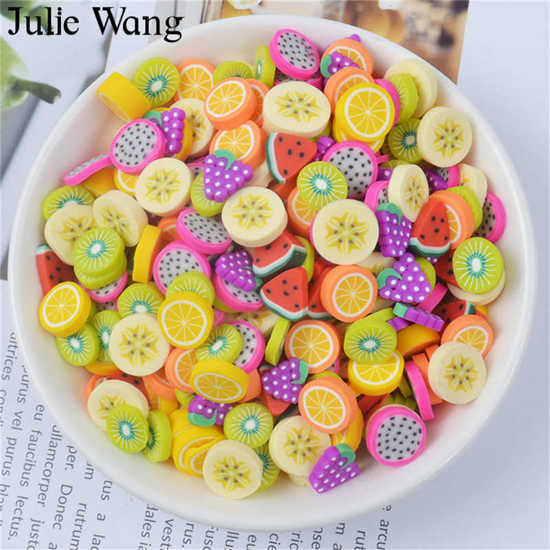 Julie Wang 40PCS Harz Künstliche Obst Scheibe Charms Schleim Fimo Ton Banana Trauben Orange Schmuck Machen Zubehör Tabelle Requisiten