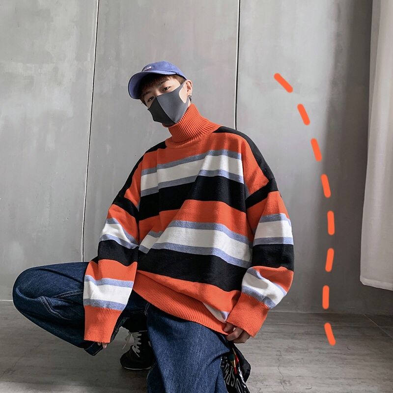 Vinter randig turtleneck tröja herr varma casual stickad tröja män vilda lös koreanska stickning tröjor herrkläder