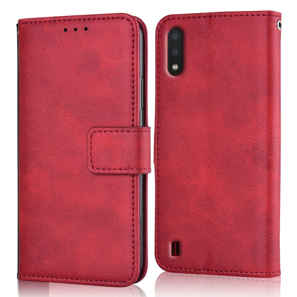 Voor Op Samsung A01 Leather Wallet Case Voor Samsung Galaxy A01 Cover Telefoon Tas Voor Galaxy A01 Een 01 Case met Card Pocket: niu-Red