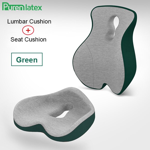 Purenlatex Chair Cushion Set Memory Foam Seat Cushion Lumbar Support Orthopedic Pillow Protect Coccyx Relieve Back Pain Car Seat: Green Set