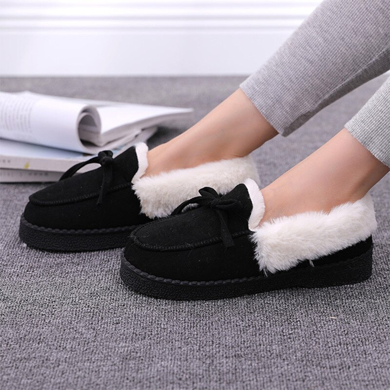 Kvinnor vinter tofflor skor plysch varma lägenheter dam halkfri slip on casual bowtie komfort höst toffel kvinna