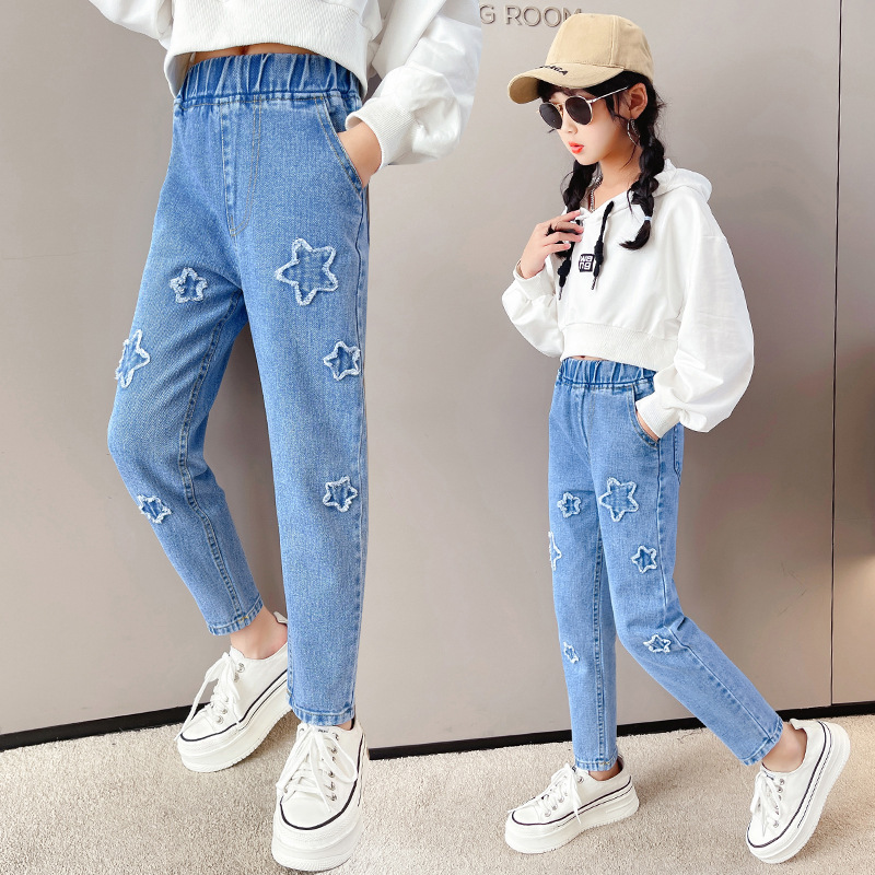 Pantalones vaqueros para niña, ropa para niño, pantalones vaqueros para niña adolescente, pantalones largos azules con cintura elástica, novedad, primavera y otoño