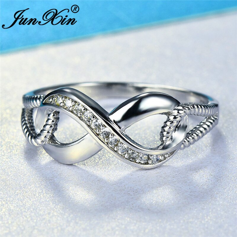 JUNXIN Valentijnsdag Liefde Infinity Ringen Voor Vrouwen 925 Sterling Zilveren Promise Wedding Ring White Crystal Letters Ring Sieraden