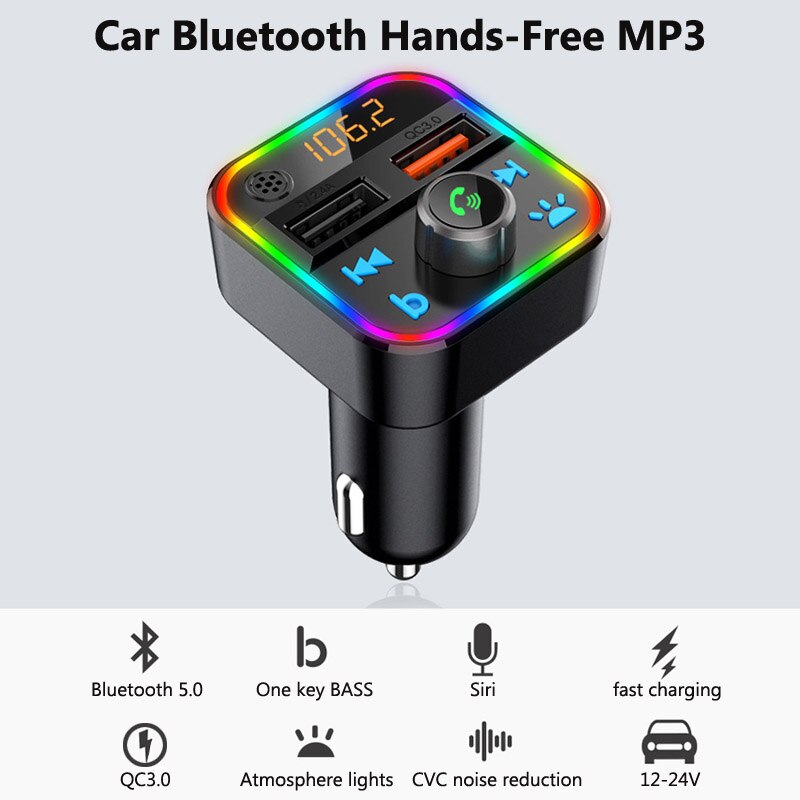 JaJaBor FM Transmitter Bluetooth Car Kit Bass Stereo MP3 Player with LED Atmosohere Light Wireless Handsfree QC3.0 Quick Charge