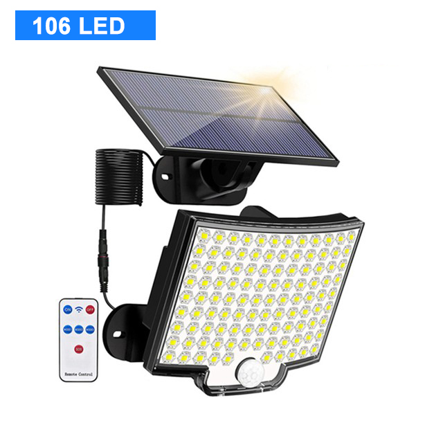 106 LED lumières d'inondation solaires extérieur télécommandé capteur de mouvement lumière de sécurité solaire alimenté du crépuscule à l'aube appliques murales Garage: Bleu / 6-10W
