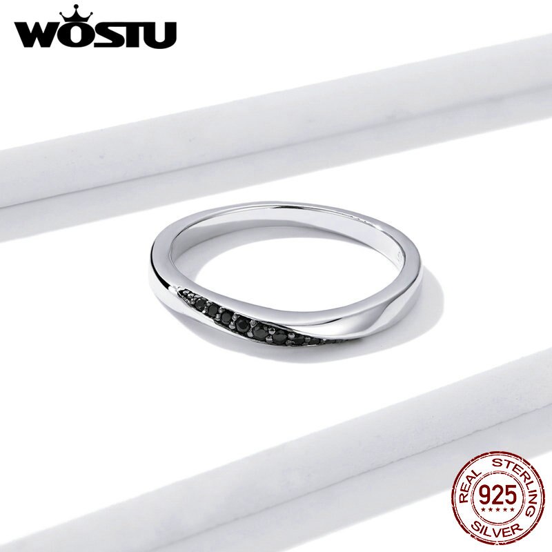 Wostu genuíno 925 prata esterlina estilo rock dedo anel para as mulheres preto zircão cúbico casamento noivado jóias anel anel ctr130