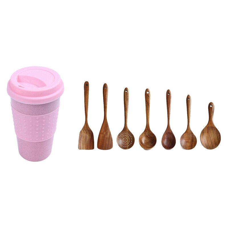 Reusable Coffee Cups Eco Friendly Travel Coffee Mugs With Lid 201-300Ml Pink & Kitchen Utensils Set, Wooden Spoons: Default Title
