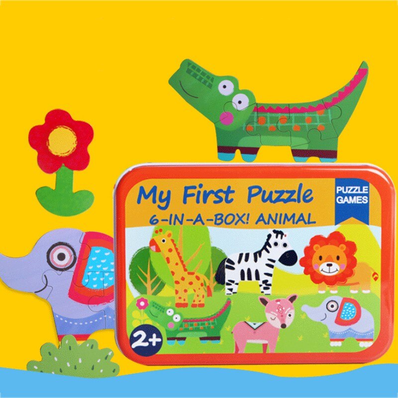 Peuter Baby Vroege Educatief Speelgoed Houten Dier Puzzels 6 Stuks In 1 Ijzeren Doos