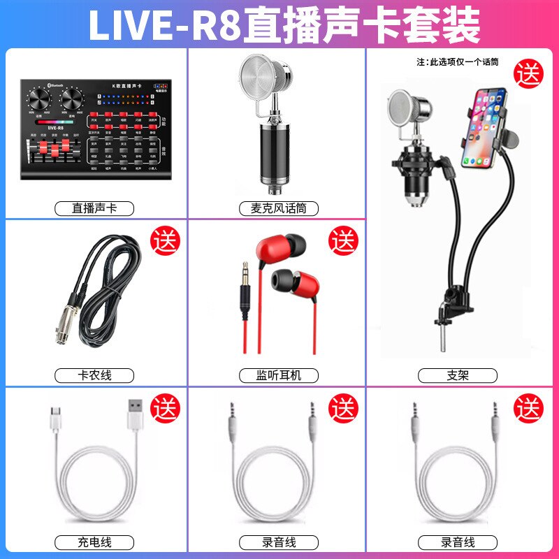 R8 Dal Vivo Scheda Audio Set di Ancoraggio Canto Attrezzature Mobile Del Telefono Voce Microfono Del Computer Microfono per Tutti I K Canzone Utile Del Prodotto: Package 1  V8 Sound Card   Feeding Bottle Black   Headset   MV Holder