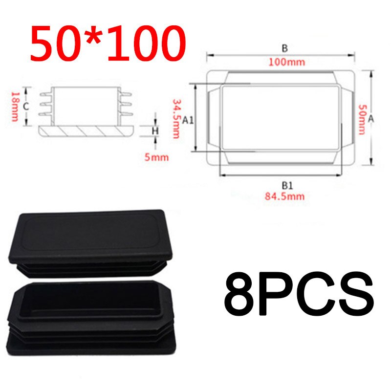 Plastic Steel Rectangular pipe plug Black Furniture Leg plug Anti Slip Feet Protector Pad Plastic square tube cap plug: 50x100mm