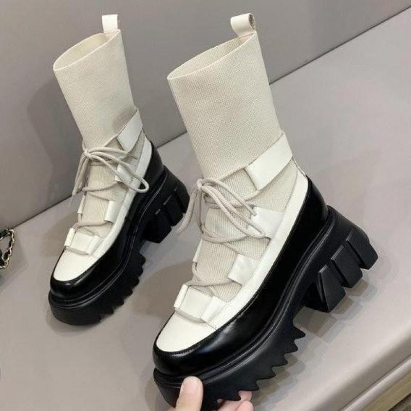 Botas cortas negras de otoño e invierno, nuevos zapatos para mujer, botas de plataforma INS para mujer, tela elástica de tacones gruesos: Beige / 35