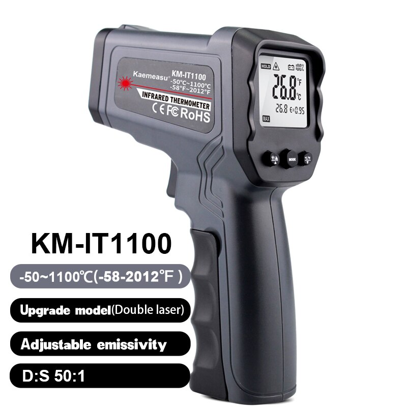 Infrared Thermometer Non-Contact Digital Handheld Pyrometer 1600/1300/1100/750 IR Temperature Instruments LCD Display: KM-IT1100