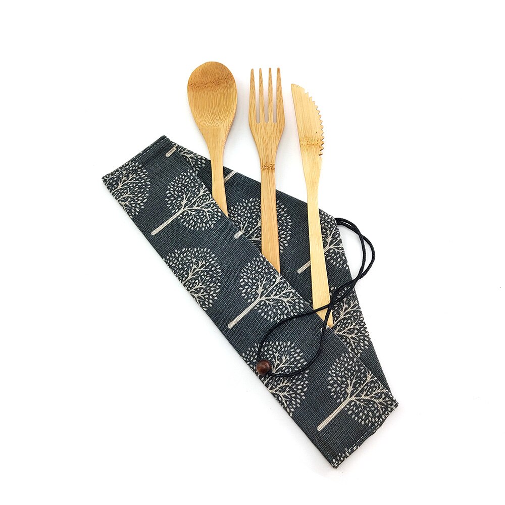 Bamboo Portable Reusable Utensils With Nylon Toothbrush Bamboo Case Travel Cutlery Set Camping Utensils Fork Spoon Knife Set: 1250-P-1