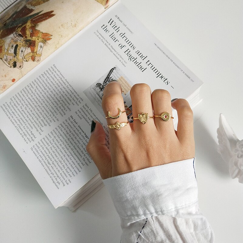 GHIDBK 925 sterlina Argento Anelli Dichiarazione di impostato Oro Starburst Del bambino luna Impilabile Anello per Le Donne Minimalista pila Anello tutto'ingrosso