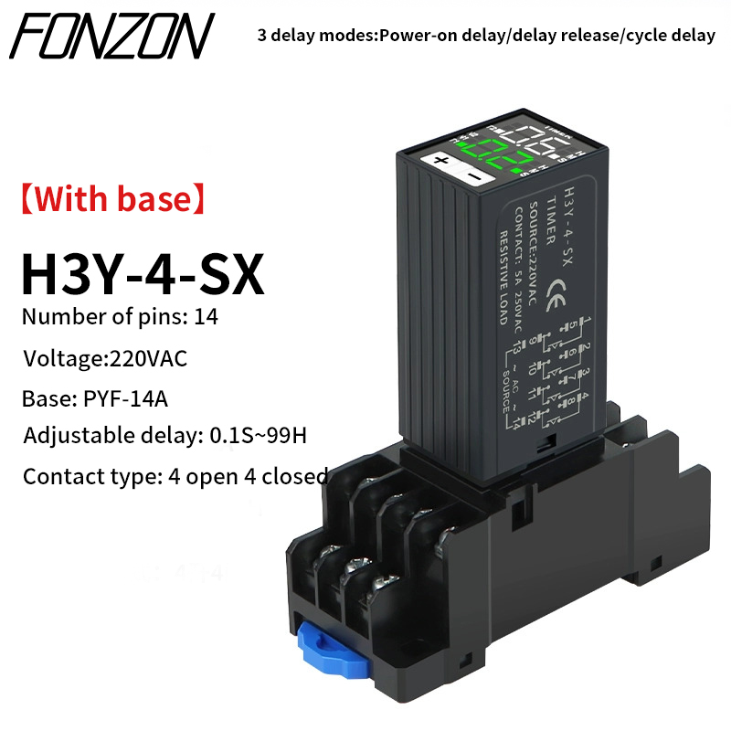 Digitale Power-On Vertragingsrelais H3Y-2(8pin)H3Y-4(14pin) Timer Relais 0.1S-99H Cyclusvertraging Met Basis Ac 220V Dc 12V Dc 24V: XL