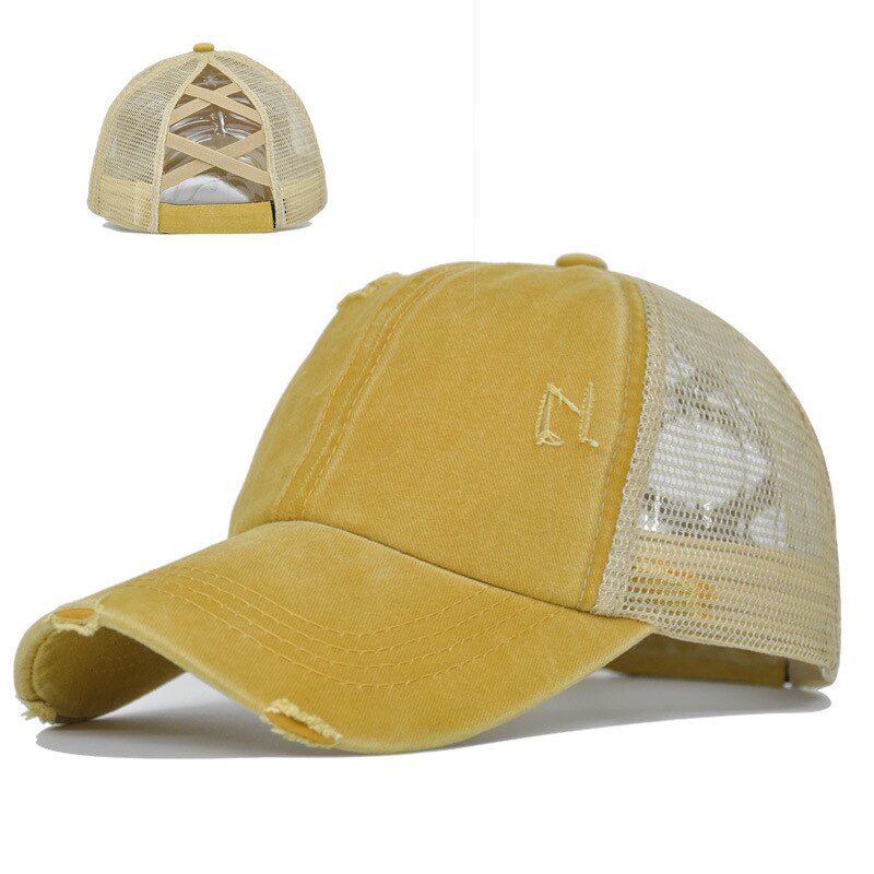 spring product elastic cross ponytail cap hole ponytail cap washed cross ponytail mesh cap female braid hat womens hat: CC606-5 yellow