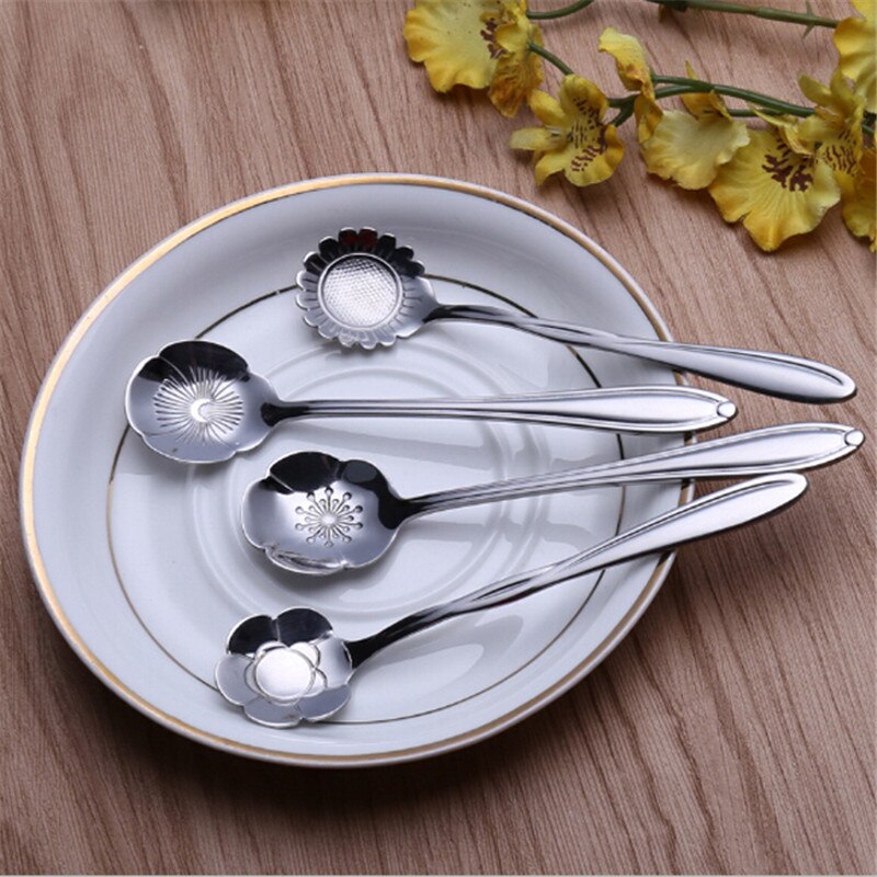 8pcs/set Tea Stainless Steel Coffee Spoon Cherry Blossoms Teaspoons Ice Cream Sugar Flatware Sliver Gold Kitchen Tableware Tools