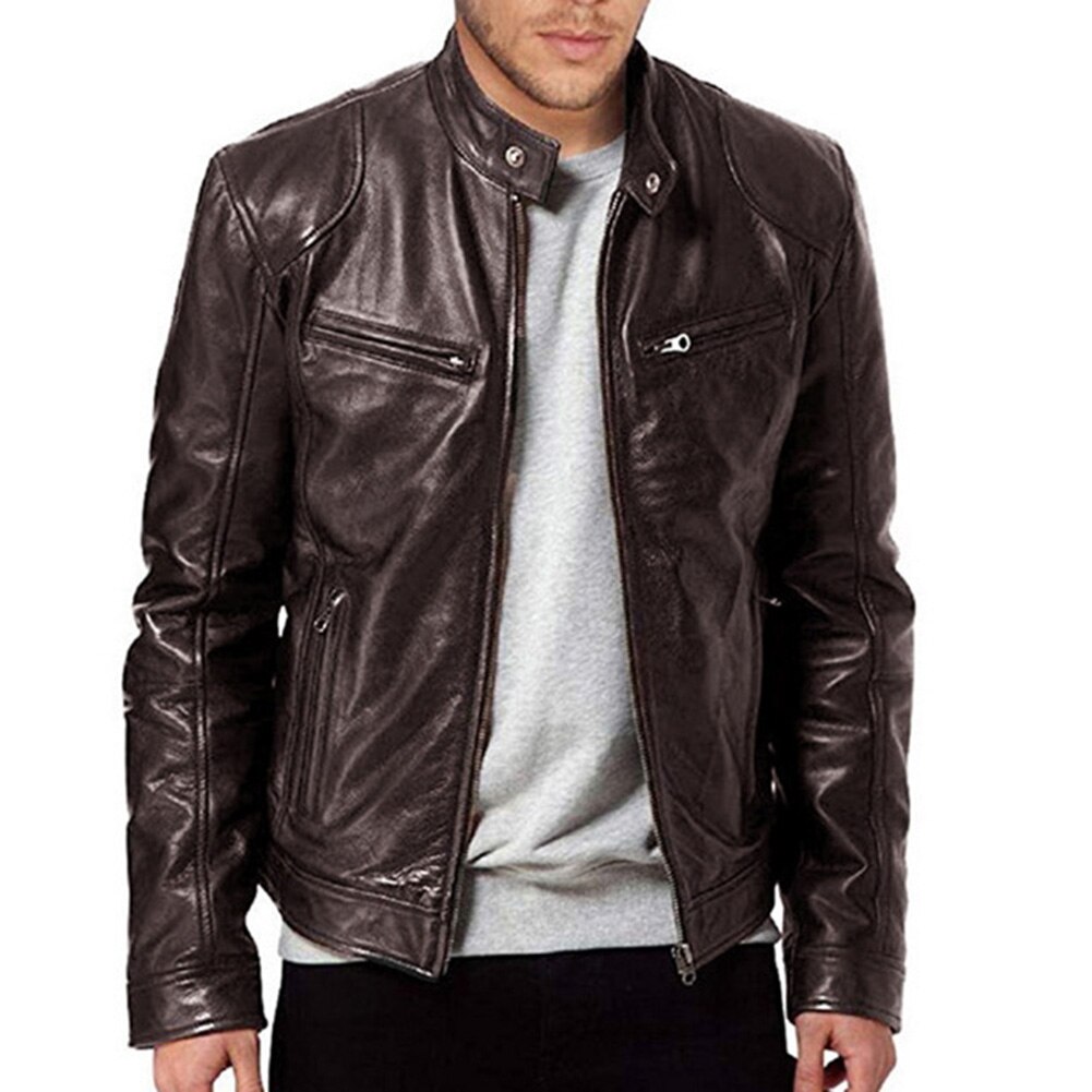 Elegante uomo autunno manica lunga colletto alla coreana ecopelle cerniera giacca da moto giacca da uomo in tinta unita stile moto