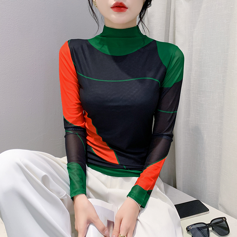 S -4xl dame efterår vinter langærmet turtleneck mesh t-shirts dame positionering print t-shirt top  ff0851