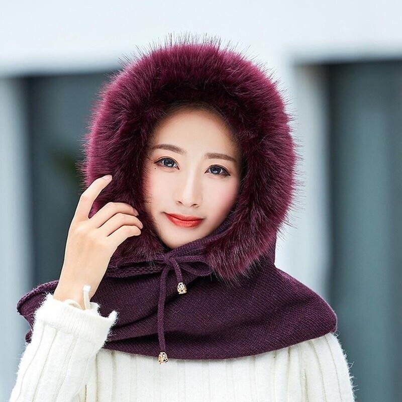 Kvinder vinter varm strikket hat tørklæde sæt udendørs sport plus plushcaps hætteklædte tørklæde kvinders hat: Rødvin