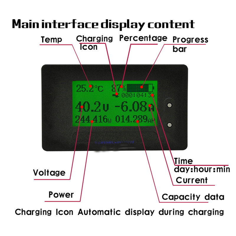 Dc 200v 500a coulomb meter lithium batteri monitor ladeafladningsspænding strøm strøm kapacitet display 12v 24v 36v 48v 60v