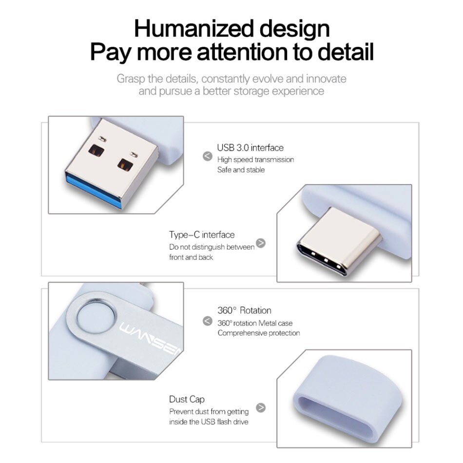 WANSENDA TYPE C USB 3,0 unidad Flash Metal Pen Drive 512GB 256GB 128GB 64GB 32GB 16GB memoria Stick 2 en 1 Pendrives de alta velocidad