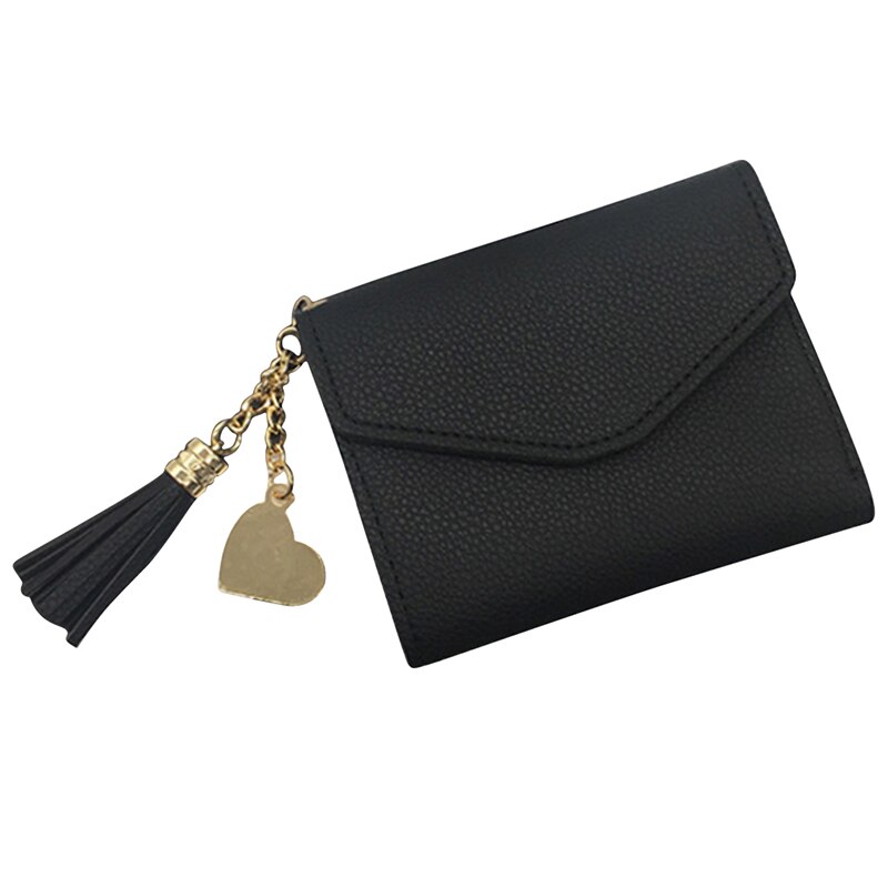 Short Wallet Tassel PU Leather Wallets Female Heart Pendant Hasp Coin Purse Mini Bag: black