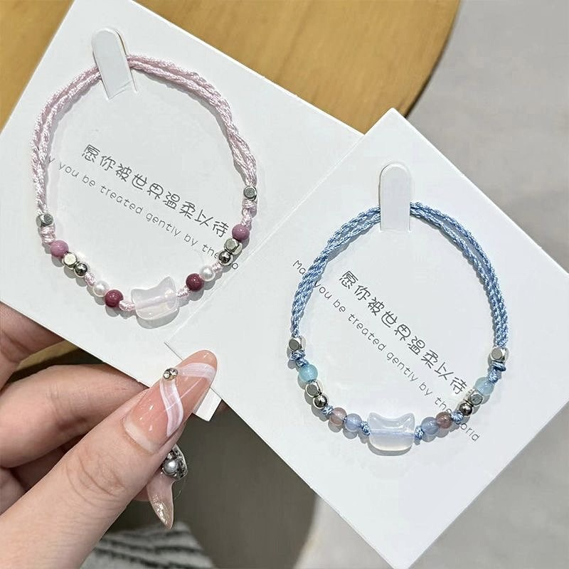 Pulsera de gato bonita hecha a mano para parejas, cuerda de mano única y para mujeres y hombres, pulsera tejida con cuentas, de joyería para la muñeca