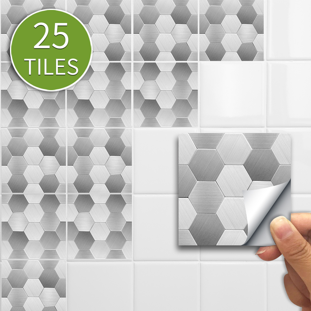 Funlife 10/15cmx25pcs hexagon PVC Waterproof Self adhesive Wall Sticker Tile Sticker For Kitchen Bathroom Furniture SJ020-SJ023: Brushedsliverhexagon / 15x15cmx25pcs