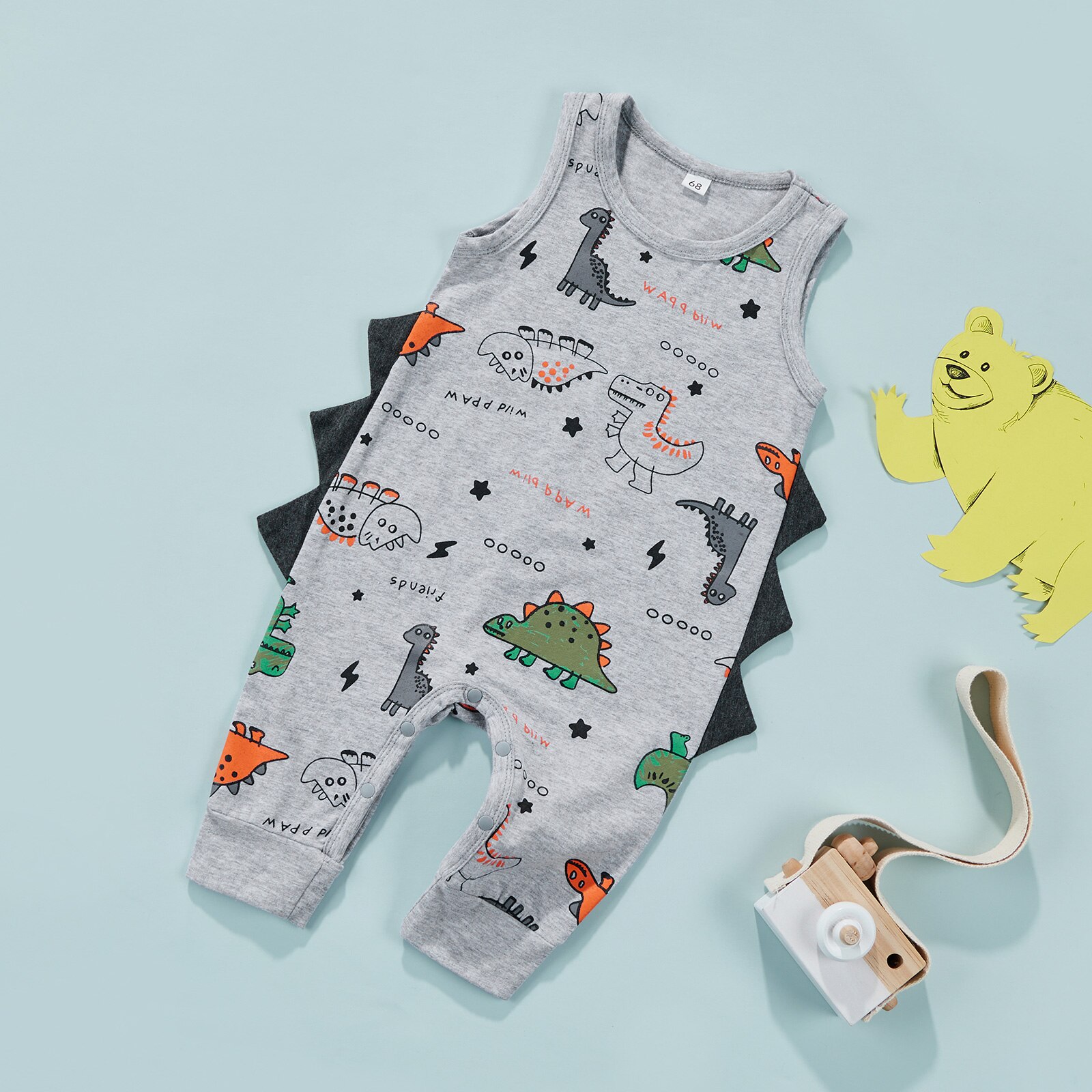 0-24m -jungen-dinosaurier-strampler, ärmelloser strampler mit Karikatur-tierprint, sommerbody