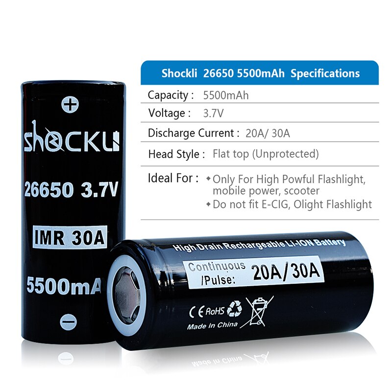 Shockli 26650 battery 26650 5500mAh 3.7V li-ion rechargeable battery 20A 30A for high power flashlights U21 l2 TC20 DQG Tiny