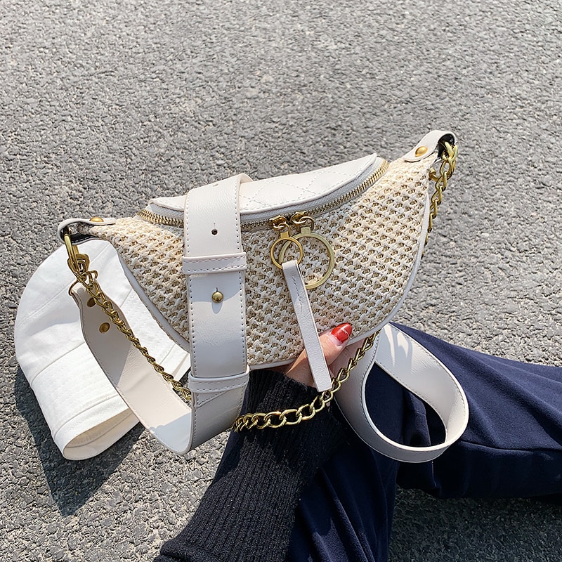 Strå strandtaske crossbody taske til kvinder sommer kvindelig skulder enkel håndtaske dame kæde rejse brysttaske