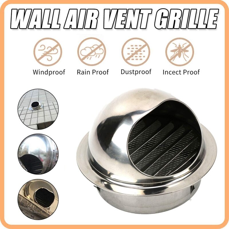6-Inch 304 Stainless Steel Vent, Round Vent, Grid Duct, Outer Spherical Wall Outlet, Wall-Mounted Exhaust Hood Vent