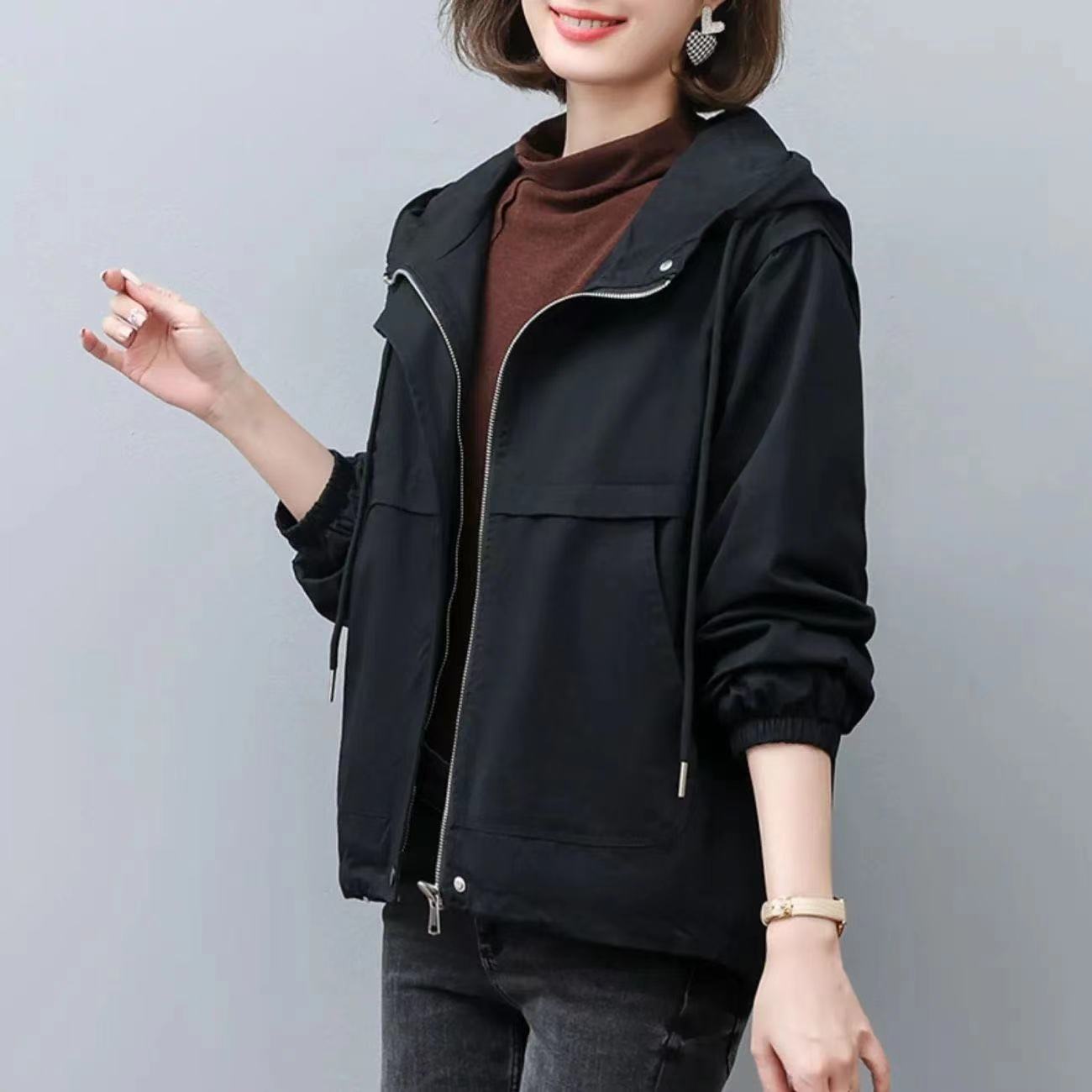 Trenchcoat kvinder enkelt efterår koreansk streetwear langærmet kort hættetrøje vild vindjakke kvindelige outwear frakker: M / Sort