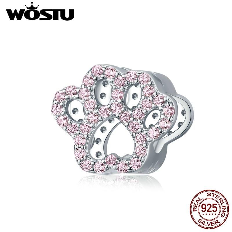 WOSTU 100% cuentas de huellas de perro pata de Plata de Ley 925, Pulsera Original, amuletos de zirconio rosa, joyería DIY CTC164