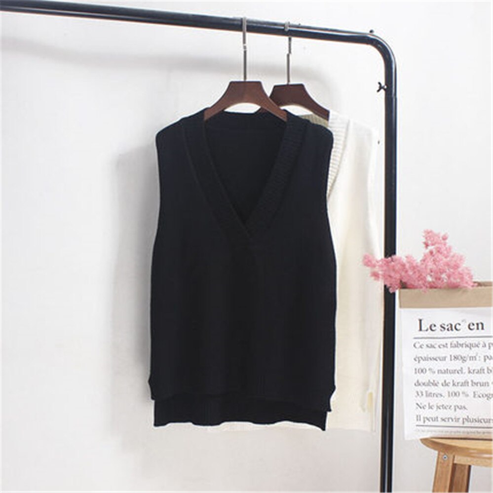 V-hals strikket vest dame sweater efterår og vinter koreansk løs vild sweater vest ærmeløs sweater  pz3544: Sort