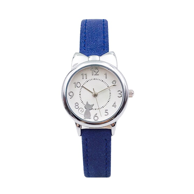 Leuke Casual Meisje Horloge Kids Leuke Lederen Band Cat Horloges Waterdicht Mooie Kid Kinderen Quartz Student Polshorloge: blue-silver