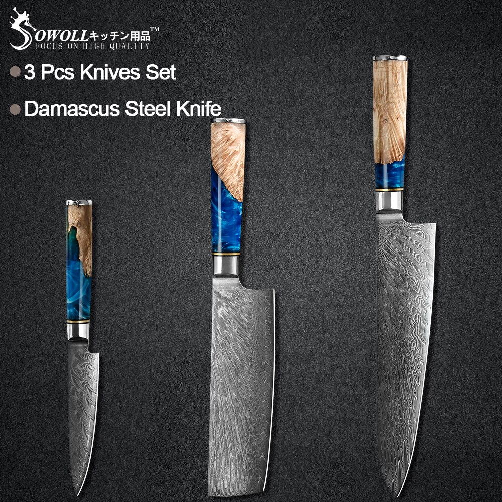 Sowoll 8 stk damaskus stål kokkeknive sæt skarp kniv kniv ægte damaskus knive madlavning køkken gadget værktøjssæt