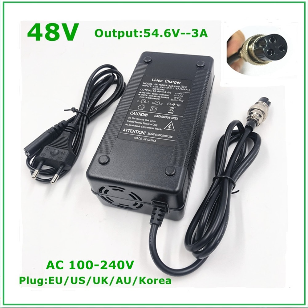 48V Li-Ion Battery Charger Output 54.6V 3A Voor 48V Elektrische Fiets Lithium Batterij 3 Pin Vrouwelijke connector GX16 Xlr 3 Socket