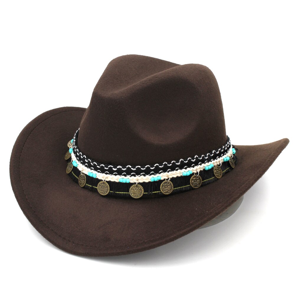 Mistdawn mænd kvinder uld bred skygge western cowboy hat cowgirl kostume kasket størrelse 56-58cm bbc: Mørkebrun