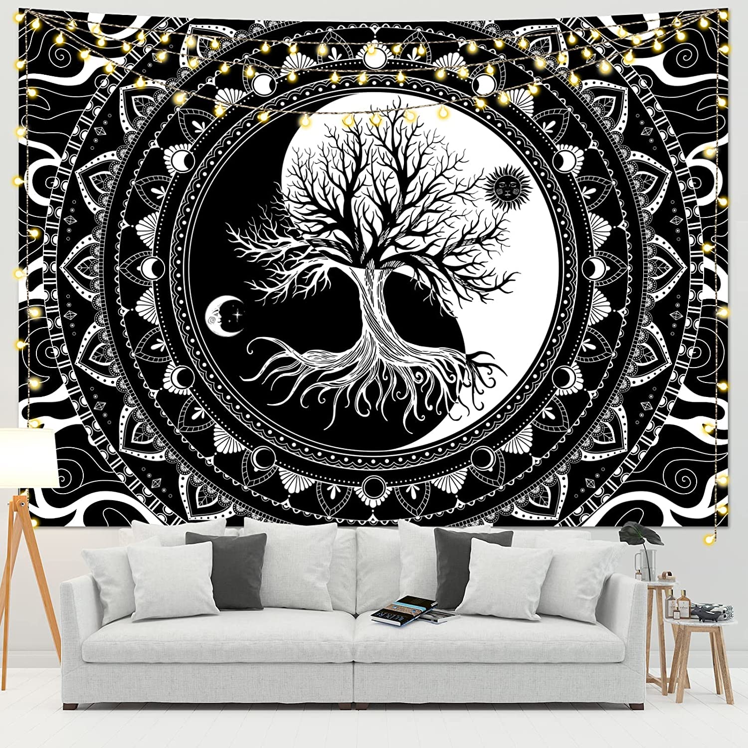 Tree of Life Tapestry Black and White Tapestry Bedroom Aesthetic Mystic Sun and Moon Wall Hanging Tapestries for Room Decor