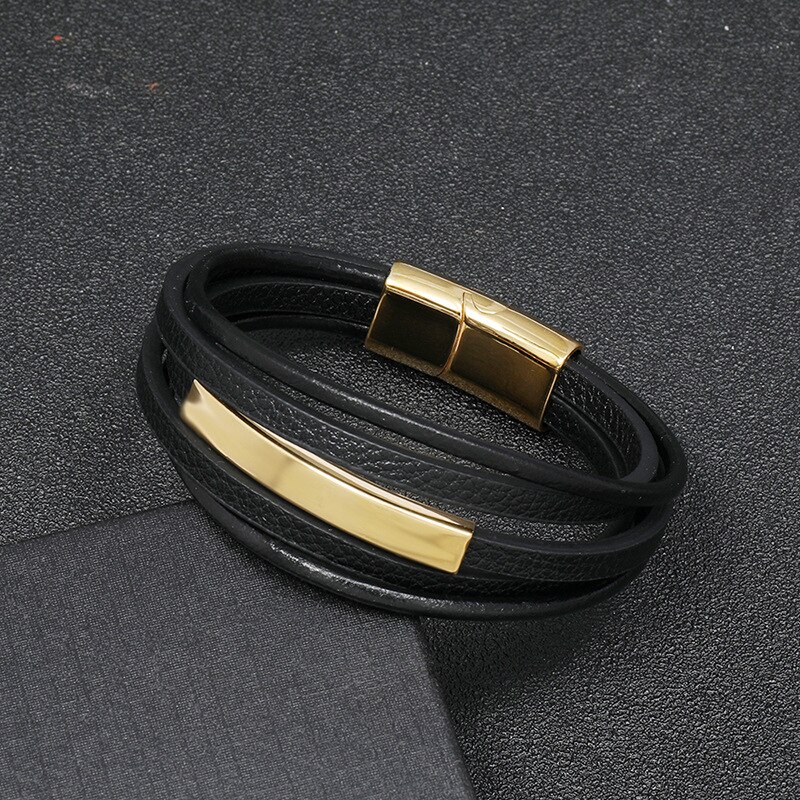 Stijl Multilayer Man Armband Leer Gevlochten Touw Rvs Magnetische Sluiting Hand Armbanden Mode Mannen Sieraden