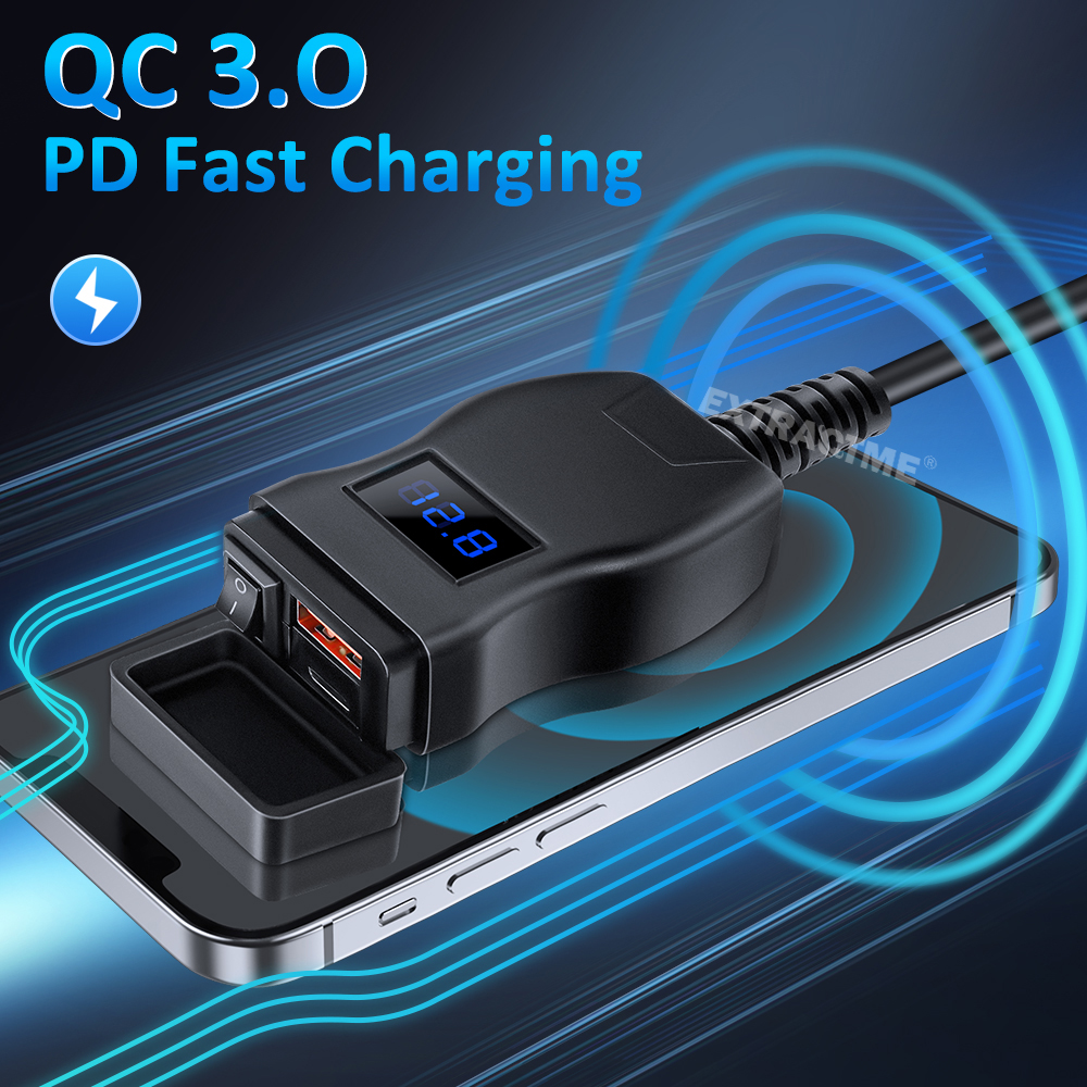 Extractme-cargador celular rápido Usb para motocicleta, conector de enchufe de puerto tipo C resistente al agua con voltímetro móvil, carga Digital
