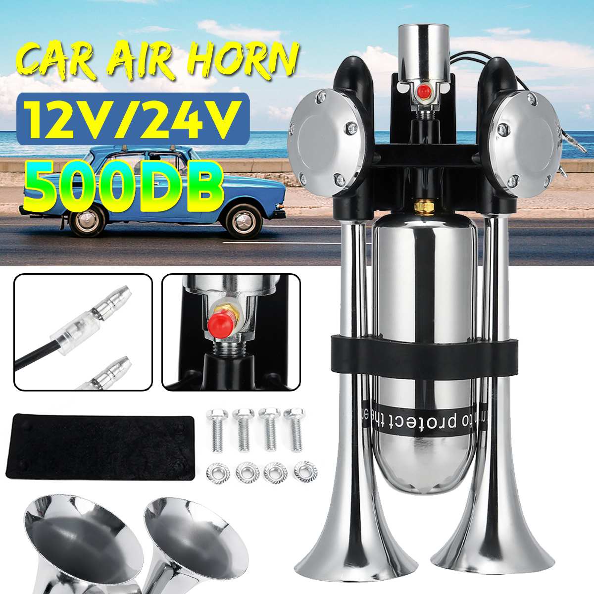 12V/24V 500DB Dual Trompet Elektrische Hoorn Luid Chrome Air Horn Speaker Kit Met Air Compressor Voor trein Vrachtwagen Vrachtwagen