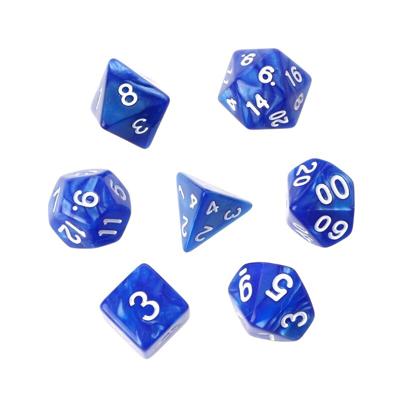 7Pcs Polyhedral Dice White Numbers For Dragon Pathfinder D20 D12 2xD10 D8 D6 D4: Blue