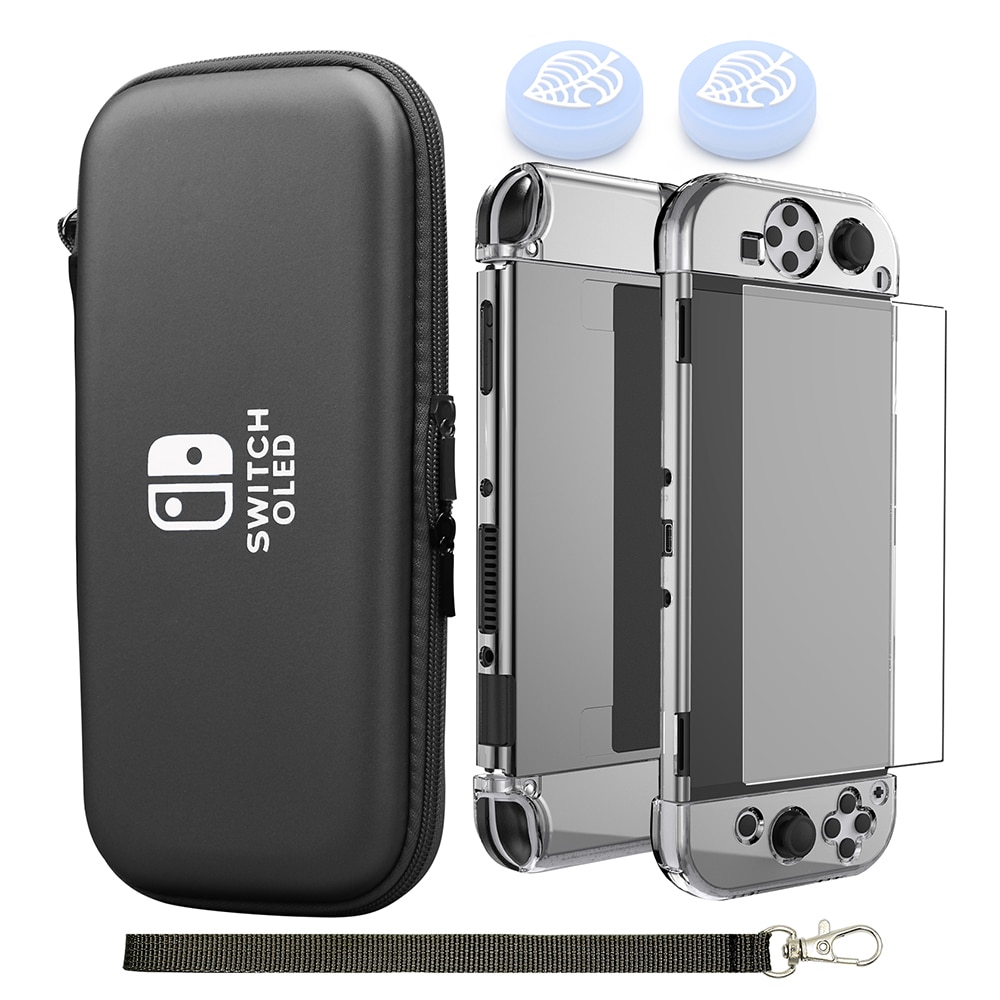 Switch OLED Storage Carry Bag Accessories Kit PC Clear Cover Case Screen Protector With Analog Grips for Nintendo Switch OLED: black