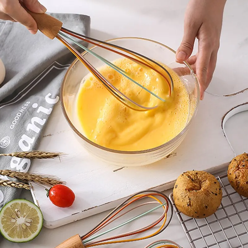 Kjøkkenvisp i rustfritt stål, fløtekanne, halvautomatisk roterende visp, bøketre, vasehåndtak, håndmikser  g041