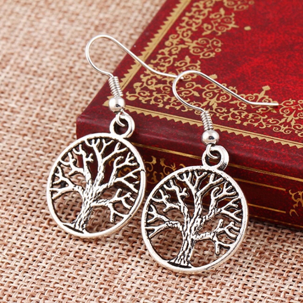 Boucles d'oreilles arbre de vie en acier inoxydable pour femmes, grand bijou creux de couleur argent,: Default Title